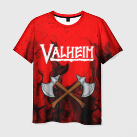 Мужская футболка 3D с принтом VALHEIM в Екатеринбурге, 100% полиэфир | прямой крой, круглый вырез горловины, длина до линии бедер | coffee stain | valheim | vikings | вальхайм | вальхеим | вальхейм. | викинги | выживание | гарпун бездны | мечи