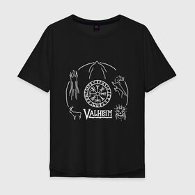 Мужская футболка хлопок Oversize с принтом VALHEIM в Екатеринбурге, 100% хлопок | свободный крой, круглый ворот, “спинка” длиннее передней части | coffee stain | valheim | vikings | вальхайм | вальхеим | вальхейм. | викинги | выживание | гарпун бездны | мечи