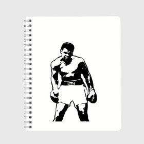 Тетрадь с принтом The Greatest (Muhammad Ali) в Екатеринбурге, 100% бумага | 48 листов, плотность листов — 60 г/м2, плотность картонной обложки — 250 г/м2. Листы скреплены сбоку удобной пружинной спиралью. Уголки страниц и обложки скругленные. Цвет линий — светло-серый
 | ali | clay | mohammed | али | боец | боксер | величайший | возможность | искусства | касиус | клей | личность | мозайка | мотивация | мохаммед | мухамед | перчатки | сила | слова | спорт | темный | узор
