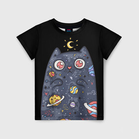 Детская футболка 3D с принтом КОСМИЧЕСКИЙ КОТ в Екатеринбурге, 100% гипоаллергенный полиэфир | прямой крой, круглый вырез горловины, длина до линии бедер, чуть спущенное плечо, ткань немного тянется | Тематика изображения на принте: артемис | астероиды | вселенная | галактика | диана | звезды | кометы | космос | кот | котенок | котик | луна | месяц | ночь | планеты | сейлор мун | туманность | черная кошка