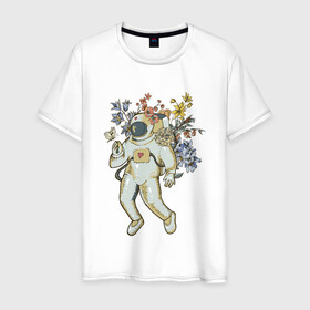 Мужская футболка хлопок с принтом АСТРОНАВТ РОМАНТИК в Екатеринбурге, 100% хлопок | прямой крой, круглый вырез горловины, длина до линии бедер, слегка спущенное плечо. | Тематика изображения на принте: астронавт | бабочка | космонавт | космос | полет | скафандр | цветы
