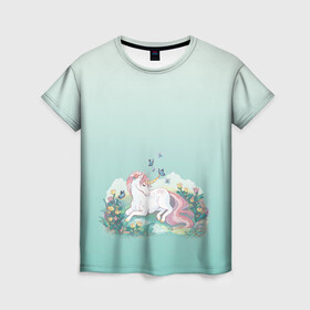 Женская футболка 3D с принтом единорог с бабочками в Екатеринбурге, 100% полиэфир ( синтетическое хлопкоподобное полотно) | прямой крой, круглый вырез горловины, длина до линии бедер | бабочки | единорог | живот | лошадка | мир | персонаж | радужный хвост | фантастика
