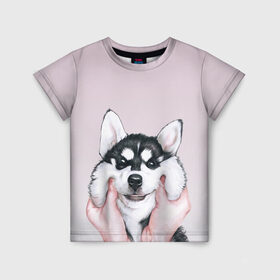 Детская футболка 3D с принтом Руки тискают хаски в Екатеринбурге, 100% гипоаллергенный полиэфир | прямой крой, круглый вырез горловины, длина до линии бедер, чуть спущенное плечо, ткань немного тянется | акито | гав | пес | песик | питомец | породистый | псина | руки | собака | собачка | собачник | хаски | щенок | щечки
