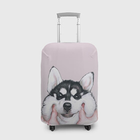 Чехол для чемодана 3D с принтом Руки тискают хаски в Екатеринбурге, 86% полиэфир, 14% спандекс | двустороннее нанесение принта, прорези для ручек и колес | акито | гав | пес | песик | питомец | породистый | псина | руки | собака | собачка | собачник | хаски | щенок | щечки