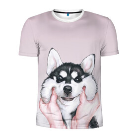 Мужская футболка 3D спортивная с принтом Руки тискают хаски в Екатеринбурге, 100% полиэстер с улучшенными характеристиками | приталенный силуэт, круглая горловина, широкие плечи, сужается к линии бедра | акито | гав | пес | песик | питомец | породистый | псина | руки | собака | собачка | собачник | хаски | щенок | щечки