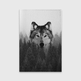 Обложка для паспорта матовая кожа с принтом Волк в Екатеринбурге, натуральная матовая кожа | размер 19,3 х 13,7 см; прозрачные пластиковые крепления | Тематика изображения на принте: tegunvteg | волк | деревья | красивый лес | лес | листья | природа | собака | темный лес