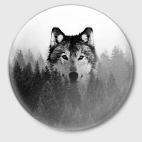 Значок с принтом Волк в Екатеринбурге,  металл | круглая форма, металлическая застежка в виде булавки | Тематика изображения на принте: tegunvteg | волк | деревья | красивый лес | лес | листья | природа | собака | темный лес
