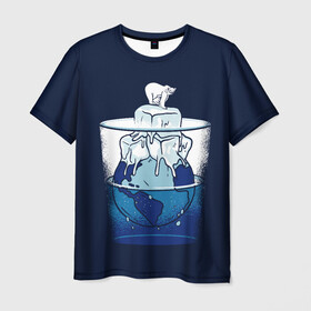 Мужская футболка 3D с принтом Polar Ice Bear в Екатеринбурге, 100% полиэфир | прямой крой, круглый вырез горловины, длина до линии бедер | Тематика изображения на принте: north pole | planet | water | антарктида | антарктика | арктика | белый медведь | в стакане | вода | земля | кубики льда | лед | льдина | льдинка | медведица | медвежонок | на льдине | наполовину полон | планета