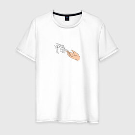 Мужская футболка хлопок с принтом The Creation of Adam в Екатеринбурге, 100% хлопок | прямой крой, круглый вырез горловины, длина до линии бедер, слегка спущенное плечо. | искусство | микеланджело | руки | скелет | сотворение адама