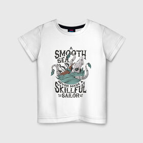 Детская футболка хлопок с принтом Кракен Шторм и Корабль в Екатеринбурге, 100% хлопок | круглый вырез горловины, полуприлегающий силуэт, длина до линии бедер | kraken | merch | pirat | pirate | sailor | sea | sea monster | ship | storm | искусный моряк | кальмар | кракен мерч | легенда | миф | море | морское чудовище | моряк | океан | осьминог | пират | пиратский корабль | пиратский мерч