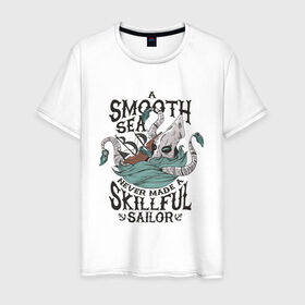 Мужская футболка хлопок с принтом Кракен Шторм и Корабль в Екатеринбурге, 100% хлопок | прямой крой, круглый вырез горловины, длина до линии бедер, слегка спущенное плечо. | Тематика изображения на принте: kraken | merch | pirat | pirate | sailor | sea | sea monster | ship | storm | искусный моряк | кальмар | кракен мерч | легенда | миф | море | морское чудовище | моряк | океан | осьминог | пират | пиратский корабль | пиратский мерч