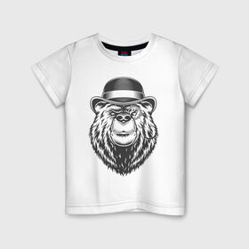 Детская футболка хлопок с принтом Русский медведь в шляпе в Екатеринбурге, 100% хлопок | круглый вырез горловины, полуприлегающий силуэт, длина до линии бедер | grizzly bear | russia | russian bear | ussr | гризли | монокль | патриот | россия | русский медведь | ссср