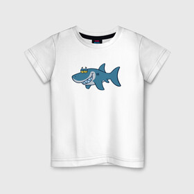 Детская футболка хлопок с принтом АКУЛЕНОК в Екатеринбурге, 100% хлопок | круглый вырез горловины, полуприлегающий силуэт, длина до линии бедер | Тематика изображения на принте: fish | megalodon | shark | teeth | white shark | акула | белая акула | зубы | мегалодон | рыба