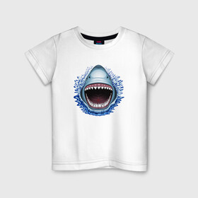 Детская футболка хлопок с принтом АКУЛА ЧЕЛЮСТИ в Екатеринбурге, 100% хлопок | круглый вырез горловины, полуприлегающий силуэт, длина до линии бедер | Тематика изображения на принте: fish | jaws | megalodon | shark | teeth | white shark | акула | белая акула | зубы | клыки | мегалодон | пасть | рот | рыба | челюсти