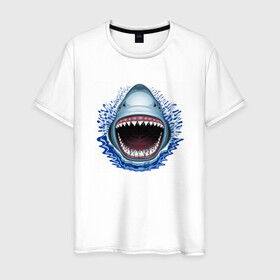Мужская футболка хлопок с принтом АКУЛА ЧЕЛЮСТИ в Екатеринбурге, 100% хлопок | прямой крой, круглый вырез горловины, длина до линии бедер, слегка спущенное плечо. | fish | jaws | megalodon | shark | teeth | white shark | акула | белая акула | зубы | клыки | мегалодон | пасть | рот | рыба | челюсти