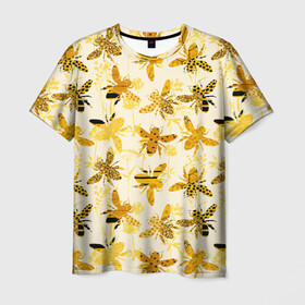 Мужская футболка 3D с принтом Разные Пчелы в Екатеринбурге, 100% полиэфир | прямой крой, круглый вырез горловины, длина до линии бедер | Тематика изображения на принте: bee | букет | животные | крылья | медовый | насекомые | паттерн | полосатый | пятна | соты | текстура | узор | цветы