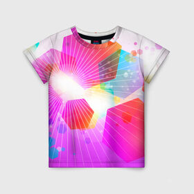 Детская футболка 3D с принтом шечтиугольники яркие в Екатеринбурге, 100% гипоаллергенный полиэфир | прямой крой, круглый вырез горловины, длина до линии бедер, чуть спущенное плечо, ткань немного тянется | абстракция | геометрия | линии | лучи | радуга | фигуры | цвета | щестиугольник | яркие