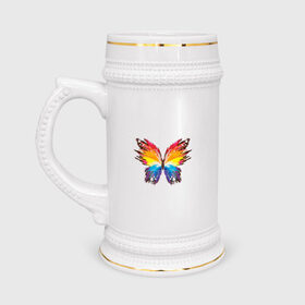 Кружка пивная с принтом бабочка краской в Екатеринбурге,  керамика (Материал выдерживает высокую температуру, стоит избегать резкого перепада температур) |  объем 630 мл | бабочка | беспозвоночные | брызги | градиент | краска | красочная | крылья | лето | мотыльки и бабочки | насекомое | насекомые | радуга | ярко