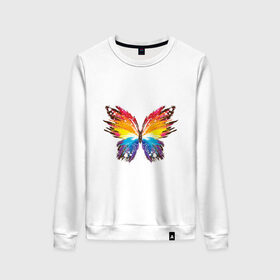 Женский свитшот хлопок с принтом бабочка краской в Екатеринбурге, 100% хлопок | прямой крой, круглый вырез, на манжетах и по низу широкая трикотажная резинка  | бабочка | беспозвоночные | брызги | градиент | краска | красочная | крылья | лето | мотыльки и бабочки | насекомое | насекомые | радуга | ярко