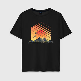 Женская футболка хлопок Oversize с принтом Mountain Galaxy Sunset в Екатеринбурге, 100% хлопок | свободный крой, круглый ворот, спущенный рукав, длина до линии бедер
 | abstract | art | geometric | geometry | landscape | minimalism | sky | space | sun | абстракция | арт | векторный рисунок | восход | галактика | геометрия | гора | горный пейзаж | горы | закат | картина | космос | минимализм | небо