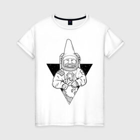 Женская футболка хлопок с принтом Gnome Chompski Astronaut в Екатеринбурге, 100% хлопок | прямой крой, круглый вырез горловины, длина до линии бедер, слегка спущенное плечо | garden gnome | gnome alone | little rocket man | гном чомски | маленький космонавт | один гнома | садовый гном