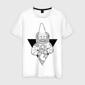 Мужская футболка хлопок с принтом Gnome Chompski Astronaut в Екатеринбурге, 100% хлопок | прямой крой, круглый вырез горловины, длина до линии бедер, слегка спущенное плечо. | Тематика изображения на принте: garden gnome | gnome alone | little rocket man | гном чомски | маленький космонавт | один гнома | садовый гном