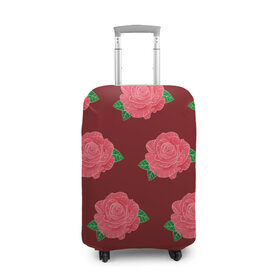 Чехол для чемодана 3D с принтом Розы на красном в Екатеринбурге, 86% полиэфир, 14% спандекс | двустороннее нанесение принта, прорези для ручек и колес | black | botany | flowers | pattern | plant | red | rose | white | белый | ботаника | красный | растение | роза | узор | цветы | черный