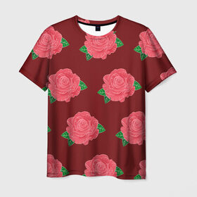 Мужская футболка 3D с принтом Розы на красном в Екатеринбурге, 100% полиэфир | прямой крой, круглый вырез горловины, длина до линии бедер | black | botany | flowers | pattern | plant | red | rose | white | белый | ботаника | красный | растение | роза | узор | цветы | черный