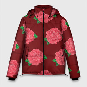 Мужская зимняя куртка 3D с принтом Розы на красном в Екатеринбурге, верх — 100% полиэстер; подкладка — 100% полиэстер; утеплитель — 100% полиэстер | длина ниже бедра, свободный силуэт Оверсайз. Есть воротник-стойка, отстегивающийся капюшон и ветрозащитная планка. 

Боковые карманы с листочкой на кнопках и внутренний карман на молнии. | black | botany | flowers | pattern | plant | red | rose | white | белый | ботаника | красный | растение | роза | узор | цветы | черный