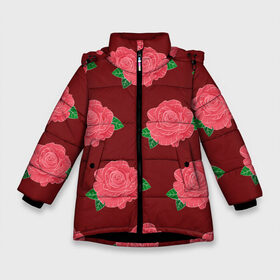 Зимняя куртка для девочек 3D с принтом Розы на красном в Екатеринбурге, ткань верха — 100% полиэстер; подклад — 100% полиэстер, утеплитель — 100% полиэстер. | длина ниже бедра, удлиненная спинка, воротник стойка и отстегивающийся капюшон. Есть боковые карманы с листочкой на кнопках, утяжки по низу изделия и внутренний карман на молнии. 

Предусмотрены светоотражающий принт на спинке, радужный светоотражающий элемент на пуллере молнии и на резинке для утяжки. | black | botany | flowers | pattern | plant | red | rose | white | белый | ботаника | красный | растение | роза | узор | цветы | черный