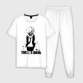 Мужская пижама хлопок с принтом Токийский гуль Канеки Кен в Екатеринбурге, 100% хлопок | брюки и футболка прямого кроя, без карманов, на брюках мягкая резинка на поясе и по низу штанин
 | Тематика изображения на принте: anime | kaneki ken | tokyo ghoul | tokyo ghoul: re | аниме | анимэ | гули | джузо сузуя | канеки кен | кузен йошимура | наки | нишики нишио | ре | ренджи йомо | ризе камиширо | токийский гуль | тоука киришима | ута