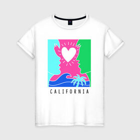 Женская футболка хлопок с принтом CALIFORNIA в Екатеринбурге, 100% хлопок | прямой крой, круглый вырез горловины, длина до линии бедер, слегка спущенное плечо | california | love | закат | калифорния | любовь | пляж | поцелуй | романтика