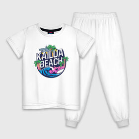 Детская пижама хлопок с принтом Kailua beach в Екатеринбурге, 100% хлопок |  брюки и футболка прямого кроя, без карманов, на брюках мягкая резинка на поясе и по низу штанин
 | Тематика изображения на принте: kailua beach | акула | закат | отдых | пальма | пляж