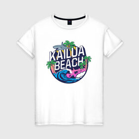 Женская футболка хлопок с принтом Kailua beach в Екатеринбурге, 100% хлопок | прямой крой, круглый вырез горловины, длина до линии бедер, слегка спущенное плечо | kailua beach | акула | закат | отдых | пальма | пляж