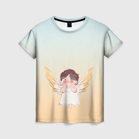 Женская футболка 3D с принтом акварельный ангелок в Екатеринбурге, 100% полиэфир ( синтетическое хлопкоподобное полотно) | прямой крой, круглый вырез горловины, длина до линии бедер | акварель | ангел | ангелок | ангелочек | крылья | купидон | милашка | персонаж | рисунок | чиби