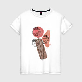 Женская футболка хлопок с принтом Маки в Екатеринбурге, 100% хлопок | прямой крой, круглый вырез горловины, длина до линии бедер, слегка спущенное плечо | акварель | коричневый | красный | маки | растения | сухоцветы | цветы