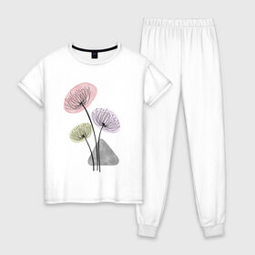 Женская пижама хлопок с принтом Одуванчики в Екатеринбурге, 100% хлопок | брюки и футболка прямого кроя, без карманов, на брюках мягкая резинка на поясе и по низу штанин | зонтики | лето | растения | серый. одуванчик | сиреневый | сухоцветы | цветы