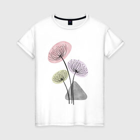 Женская футболка хлопок с принтом Одуванчики в Екатеринбурге, 100% хлопок | прямой крой, круглый вырез горловины, длина до линии бедер, слегка спущенное плечо | зонтики | лето | растения | серый. одуванчик | сиреневый | сухоцветы | цветы