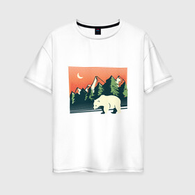 Женская футболка хлопок Oversize с принтом Белый медведь пейзаж с горами в Екатеринбурге, 100% хлопок | свободный крой, круглый ворот, спущенный рукав, длина до линии бедер
 | landscape | moon | mountain | mountains | north pole | polar | polar bear | russian bear | антарктида | антарктика | арктика | горы | дикая природа | лес | луна | медвежонок | мишка | полярный медведь | природа | русский медведь