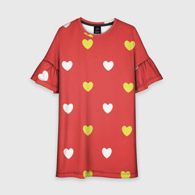 Детское платье 3D с принтом Сердечки на красном паттерн в Екатеринбурге, 100% полиэстер | прямой силуэт, чуть расширенный к низу. Круглая горловина, на рукавах — воланы | Тематика изображения на принте: background | design | fabric | heart | love | pattern | red | romance | romantic | seamless | valentine | красный | любовь | рисунок | романтика | сердце | узор