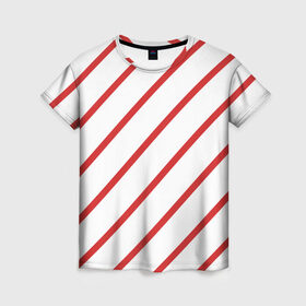 Женская футболка 3D с принтом Полосы красные на белом в Екатеринбурге, 100% полиэфир ( синтетическое хлопкоподобное полотно) | прямой крой, круглый вырез горловины, длина до линии бедер | абстракция | белый | диагональ | красный | линии | линия | орнамент | полосы | узор