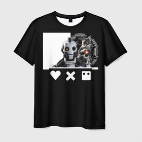 Мужская футболка 3D с принтом Андроид XBOT 4000 в Екатеринбурге, 100% полиэфир | прямой крой, круглый вырез горловины, длина до линии бедер | андроид | белочерный | белый | знак | кот | котик | кошка | любовь | механизм | робот | роботы | черный