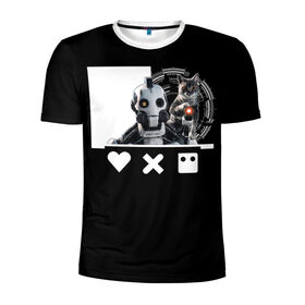 Мужская футболка 3D спортивная с принтом Андроид XBOT 4000 в Екатеринбурге, 100% полиэстер с улучшенными характеристиками | приталенный силуэт, круглая горловина, широкие плечи, сужается к линии бедра | андроид | белочерный | белый | знак | кот | котик | кошка | любовь | механизм | робот | роботы | черный