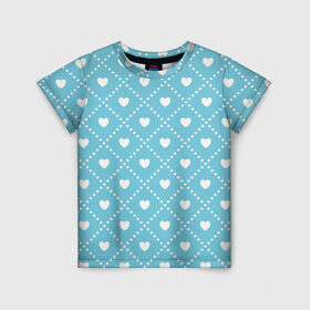 Детская футболка 3D с принтом Белые сердечки на голубом фоне в Екатеринбурге, 100% гипоаллергенный полиэфир | прямой крой, круглый вырез горловины, длина до линии бедер, чуть спущенное плечо, ткань немного тянется | белый | квадраты | многоугольники. точки | ромбы | сердце | узор | фон