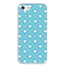 Чехол для iPhone 5/5S матовый с принтом Белые сердечки на голубом фоне в Екатеринбурге, Силикон | Область печати: задняя сторона чехла, без боковых панелей | белый | квадраты | многоугольники. точки | ромбы | сердце | узор | фон