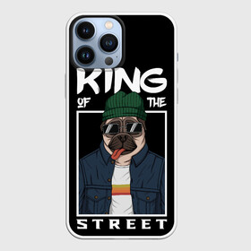 Чехол для iPhone 13 Pro Max с принтом King Street в Екатеринбурге,  |  | Тематика изображения на принте: animal | art | brutal | dog | illustration | king | of | pug | street | the | арт | брутальный | бульдог | в | животное | зверь | король | надпись | одежде | очках | пёс | рамка | собака | текст | улиц | улицы | уличный | шапке