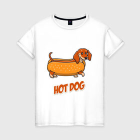 Женская футболка хлопок с принтом Hot Dog в Екатеринбурге, 100% хлопок | прямой крой, круглый вырез горловины, длина до линии бедер, слегка спущенное плечо | dog | fast food | hot dog | булка | собака
