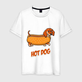 Мужская футболка хлопок с принтом Hot Dog в Екатеринбурге, 100% хлопок | прямой крой, круглый вырез горловины, длина до линии бедер, слегка спущенное плечо. | dog | fast food | hot dog | булка | собака