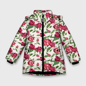 Зимняя куртка для девочек 3D с принтом Узор из красных роз в Екатеринбурге, ткань верха — 100% полиэстер; подклад — 100% полиэстер, утеплитель — 100% полиэстер. | длина ниже бедра, удлиненная спинка, воротник стойка и отстегивающийся капюшон. Есть боковые карманы с листочкой на кнопках, утяжки по низу изделия и внутренний карман на молнии. 

Предусмотрены светоотражающий принт на спинке, радужный светоотражающий элемент на пуллере молнии и на резинке для утяжки. | Тематика изображения на принте: art | flora | floral | flower | pattern | red flowers | roses | thorns | арт | букет | бутоны | иллюстрация | колючки | красная роза | листья | огород | паттерн | растения | рисунок | розы | сад | садовая роза | узоры | флора | флор