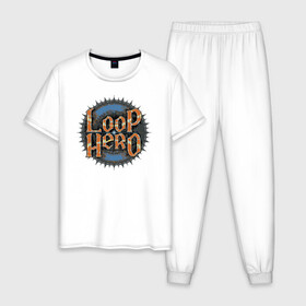 Мужская пижама хлопок с принтом Loop Hero лого в Екатеринбурге, 100% хлопок | брюки и футболка прямого кроя, без карманов, на брюках мягкая резинка на поясе и по низу штанин
 | games | knight | logo | loop hero | magic | rogue like | russia | steam | sword | герой петли | игры | лого | магия | меч | рогалик | россия | рыцарь | стим